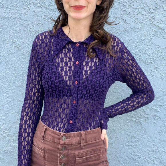 Miss Sixty y2k 90s Womens Lace Blouse Purple sheer top Size Medium - Picture 1 of 8
